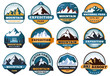 Mountain labels. Hiking emblems, mountains emblem badges and outdoors hill travel label vector set