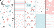 Set Of Sweet Pink Seamless Pattern Sleeping Cloud Moon Stars Background Collection Baby Girl Fabric Design Vector