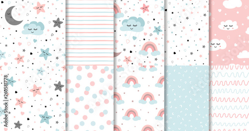 Fotomural Set of sweet pink seamless pattern Sleeping cloud moon stars background collecti
