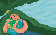 Banner On The Environmental Theme. Cartoon Girl With Green Hair In The Form Of Grass Hugs The Earth. Against The Backdrop Of The Landscape: Foliage, Sky.