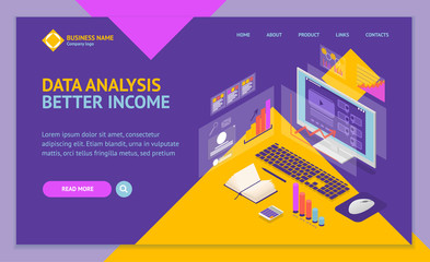 Sticker - Analysis Data Investment Concept Landing Web Page Template 3d Isometric View. Vector