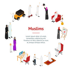 Sticker - Arab Muslims People 3d Banner Card Circle Isometric View. Vector