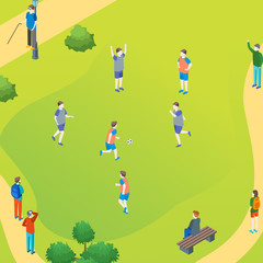 Wall Mural - Public Park Play Football Concept Card Poster. Vector