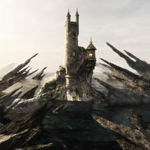 Mysterious Wizard's Tower Sitting High Above A Ocean Island Coastal Lagoon Surrounded By Razor Edged Rock Outcrops.  Fantasy Concept. 3d Rendering Illustration. 3d Rendering