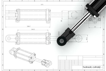 Wall Mural - 3d illustration of hydraulic cylinder above technical engineering drawing