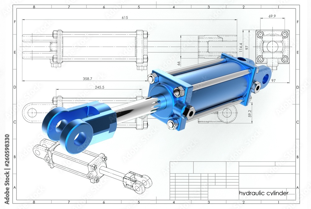 3d illustration of hydraulic cylinder above technical engineering drawing