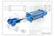 3d illustration of hydraulic cylinder above technical engineering drawing