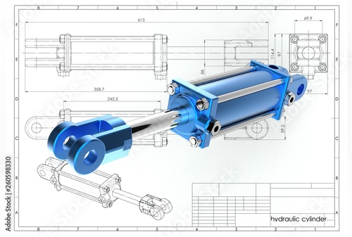 Cuadros en Lienzo 3d illustration of hydraulic cylinder above technical engineering drawing