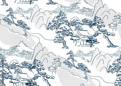 Fotomural chinese lanscape japanese vector pattern oriental mountais seamless