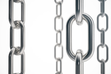Poster - 3D illustration metal chains. Metal, steel chains isolated on white background. Metal chains for industrial. Strong link concept. Background of metal chains for your layout, template design, text.