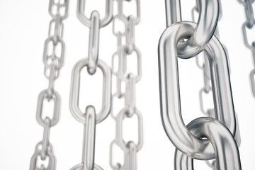 Poster - 3D illustration metal chains. Metal, steel chains isolated on white background. Metal chains for industrial. Strong link concept. Background of metal chains for your layout, template design, text.