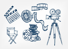 Camera Director Chair Roll Film Set Vector Sketch Illustration