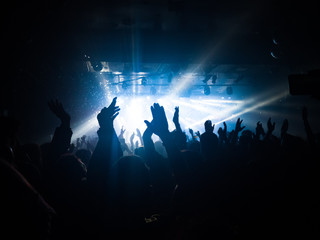 A crowd of people raising their arms up during a concert. They are enjoying the music