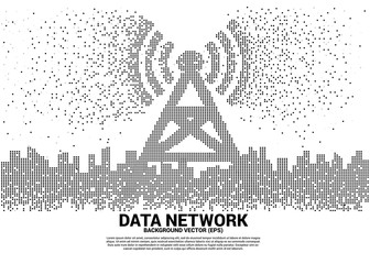 Sticker - Vector antenna tower icon in the city pixel transform style. Concept for data transfer of mobile and wi-fi data network.