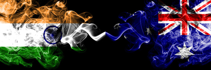 Wall Mural - India vs Australia, Australian smoke flags placed side by side. Thick colored silky smoke flags of Indian and Australia, Australian