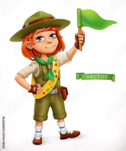 Little scout with green flag. Comic character, 3d vector illustration