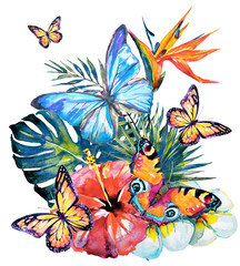 Sticker - beautiful tropical palm leaves and flowers, watercolor