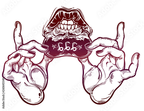 Fotografía Human hands showing hidden lip tattoo