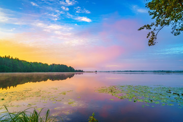 Wall Mural - Beautiful landscape with colorful sunsrise over forest lake