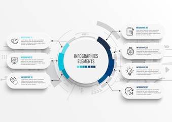 Poster - Vector infographic template with 3D paper label, integrated circles. Business concept with 7 options. For content, diagram, flowchart, steps, parts, timeline infographics, workflow, chart.