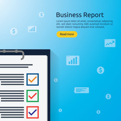 Poster - Business analyst or financial research report concept. financial accounting audit on statistical data paper document. Clipboard with list of task cases, graph and table icon in flat style.