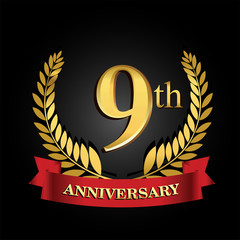 9 anniversary logo with red ribbon and golden laurel wreath, vector template for birthday celebration.