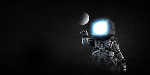 Wall Mural - astronaut with tv head on black background. mixed media.