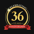 Celebrating 36 years anniversary logo. with golden ring and red ribbon.