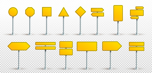 Set of yellow traffic signs. Road board text panel, mockup signage direction highway city signpost location street arrow way. Vector. Illustration. Isolated on transparent background.