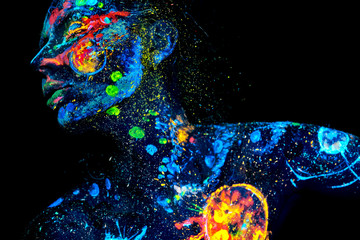 Wall Mural - uv painting of a universe on a female body portrait