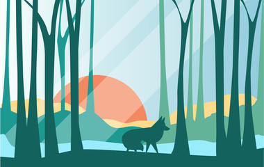 Sticker - Beautiful scene of nature, peaceful landscape with forest and wolf at evening time, template for banner, poster, magazine, cover horizontal vector Illustration