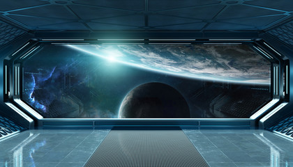 Wall Mural - Dark blue spaceship futuristic interior with window view on space and planets 3d rendering