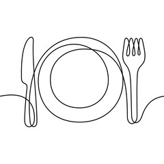 Knife, fork and plate. restaurant menu continuous line vector illustration