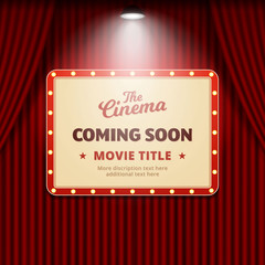 cinema movie coming soon banner promotion design. retro billboard with spotlight on theater curtain background vector illustration