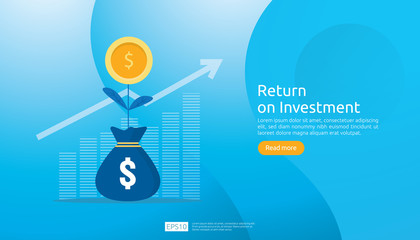 Poster - Return on investment ROI concept. business growth arrows success. dollar plant coins, graph and money bag. chart increase profit. Finance stretching rising up. banner flat style vector illustration.