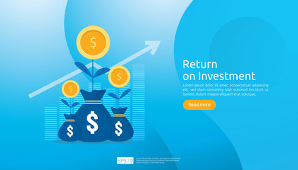 Poster - Return on investment ROI concept. business growth arrows success. dollar plant coins, graph and money bag. chart increase profit. Finance stretching rising up. banner flat style vector illustration.