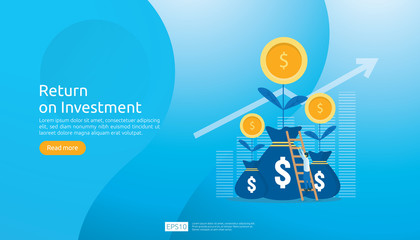 Return on investment ROI concept. business growth arrows success. dollar plant coins, graph and money bag. chart increase profit. Finance stretching rising up. banner flat style vector illustration.