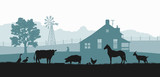 Silhouettes of farm animals. Rural landscape with cow, horse and pig. Village panorama for poster. Farmer house and livestock
