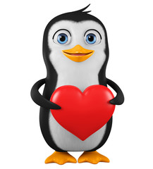 Canvas Print - Cartoon penguin character holds big heart. 3d rendering. Illustration for advertising.