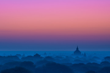 Panoramic shot of colorful morning twilight in Bagan, Myanmar