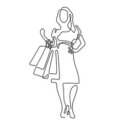 Wall Mural - Woman with shopping bags continuous line vector illustration