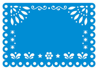 Wall Mural - Papel Picado vector template design in blue with no text, Mexican paper decoration with flowers and geometric shapes - greeting card or invitation   