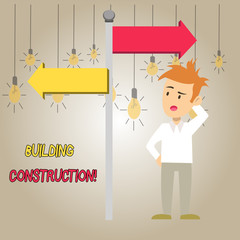 Poster - Word writing text Building Construction. Business photo showcasing process of adding structure to real property Man Confused with the Road Sign Arrow Pointing to Opposite Side Direction