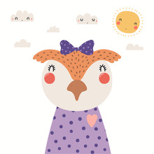 Hand Drawn Portrait Of A Cute Owl In Shirt And Ribbon, With Sun And Clouds. Vector Illustration. Isolated Objects On White Background. Scandinavian Style Flat Design. Concept For Children Print.
