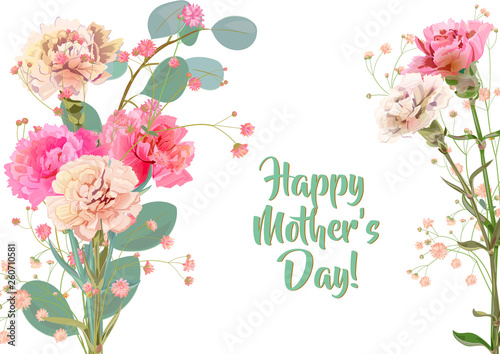 Horizontal Mother's Day card with carnation: white, red, pink, flowers, twigs...