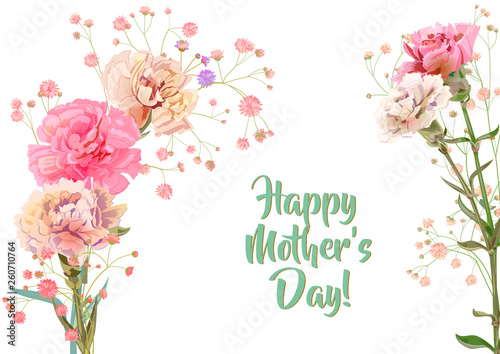 Horizontal Mother's Day, Victory Day card with carnation: light, red, pink, f...