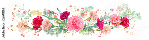 Panoramic view of carnation schabaud: pink, white, red flowers, twigs gypsoph...
