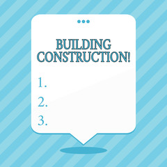 Poster - Word writing text Building Construction. Business photo showcasing process of adding structure to real property Blank Space White Speech Balloon Floating with Three Punched Holes on Top