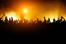 Rock Concert. Leader On The Stage. Silhouette Of The Crowd In Front Of The Stage.