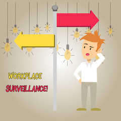 Poster - Word writing text Workplace Surveillance. Business photo showcasing Monitoring of employees activity and location Man Confused with the Road Sign Arrow Pointing to Opposite Side Direction